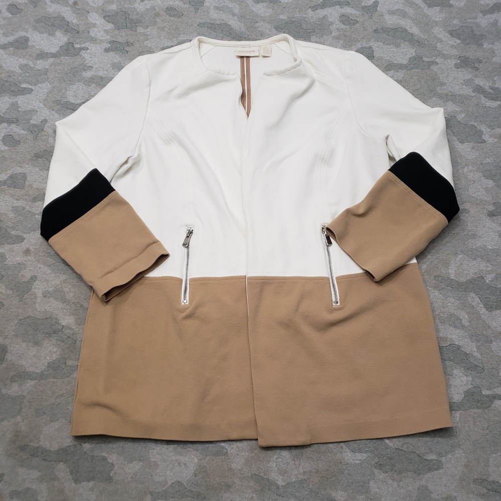 Chico's Jacket Womens 2 White Brown Open Front Ponte Knit Color block